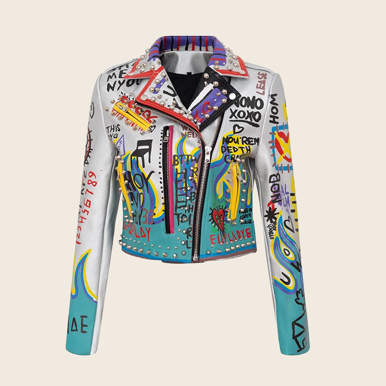 Rivet-Beaded Graffiti Motorcycle Suit - Unisex, enhanced product photo