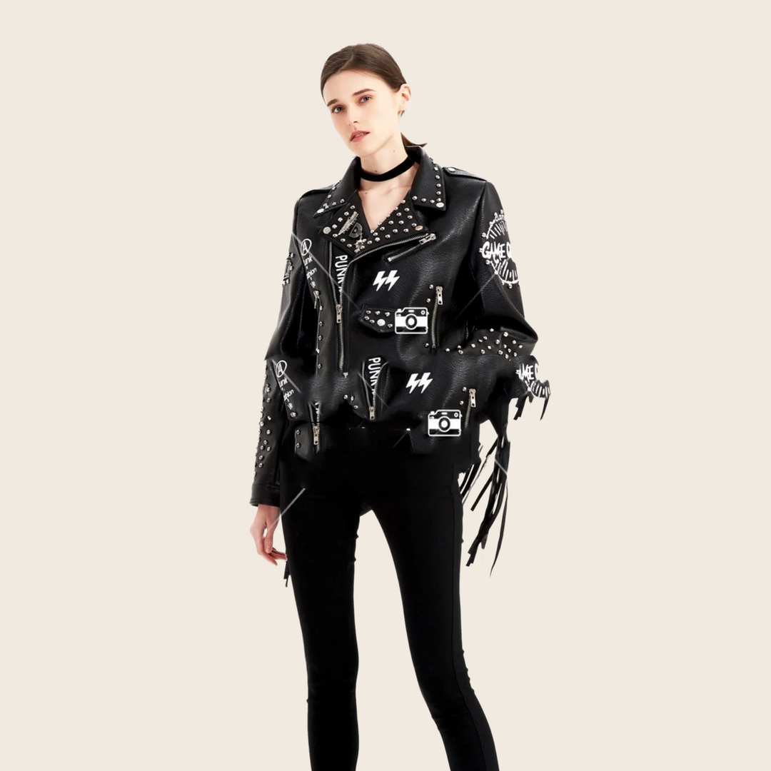 Graffiti Rivet-Zip Leather Jacket - Women's, enhanced product photo