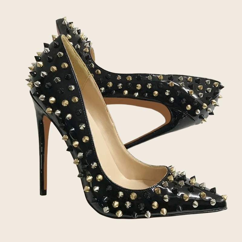 Patent Black Rivet Stiletto Heels - Women's, enhanced product photo