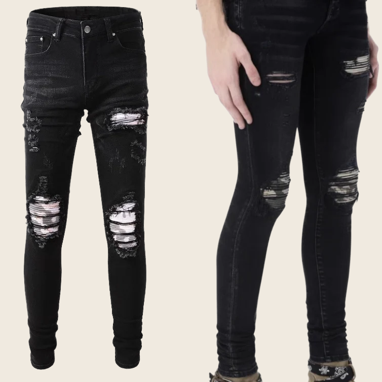 Printed Pleated Patch Denim - Classic Blue, enhanced product photo