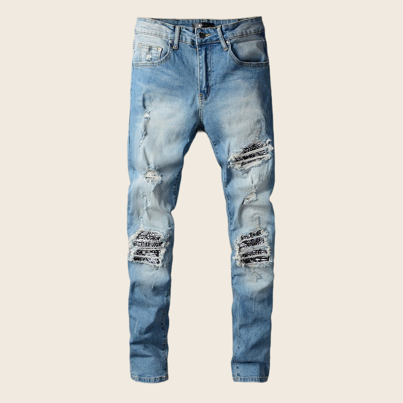 Pleated Pattern Patch Slim Denim - Sky Blue, enhanced product photo
