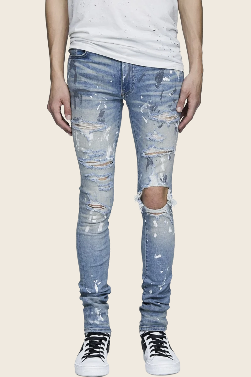 Graffiti Distressed Stretch Slim Denim - Vintage Wash, enhanced product photo