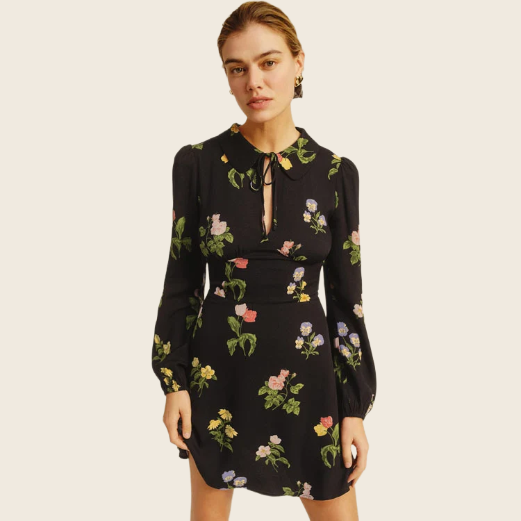 French Floral Print Long Sleeve Dress - Women's, enhanced product photo