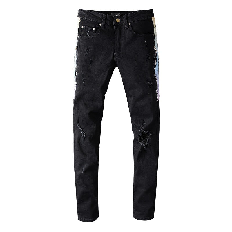 Black Stitching Micro-Elastic Slim Hip-Hop Denim — Black