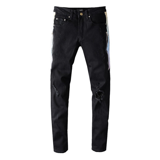 Black Stitching Micro-Elastic Slim Hip-Hop Denim — Black