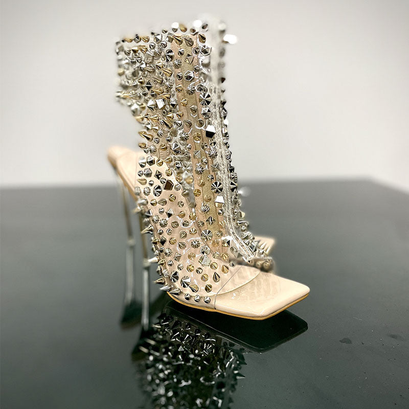 Rivet Transparent Stiletto Square Toe Sandals — Women&