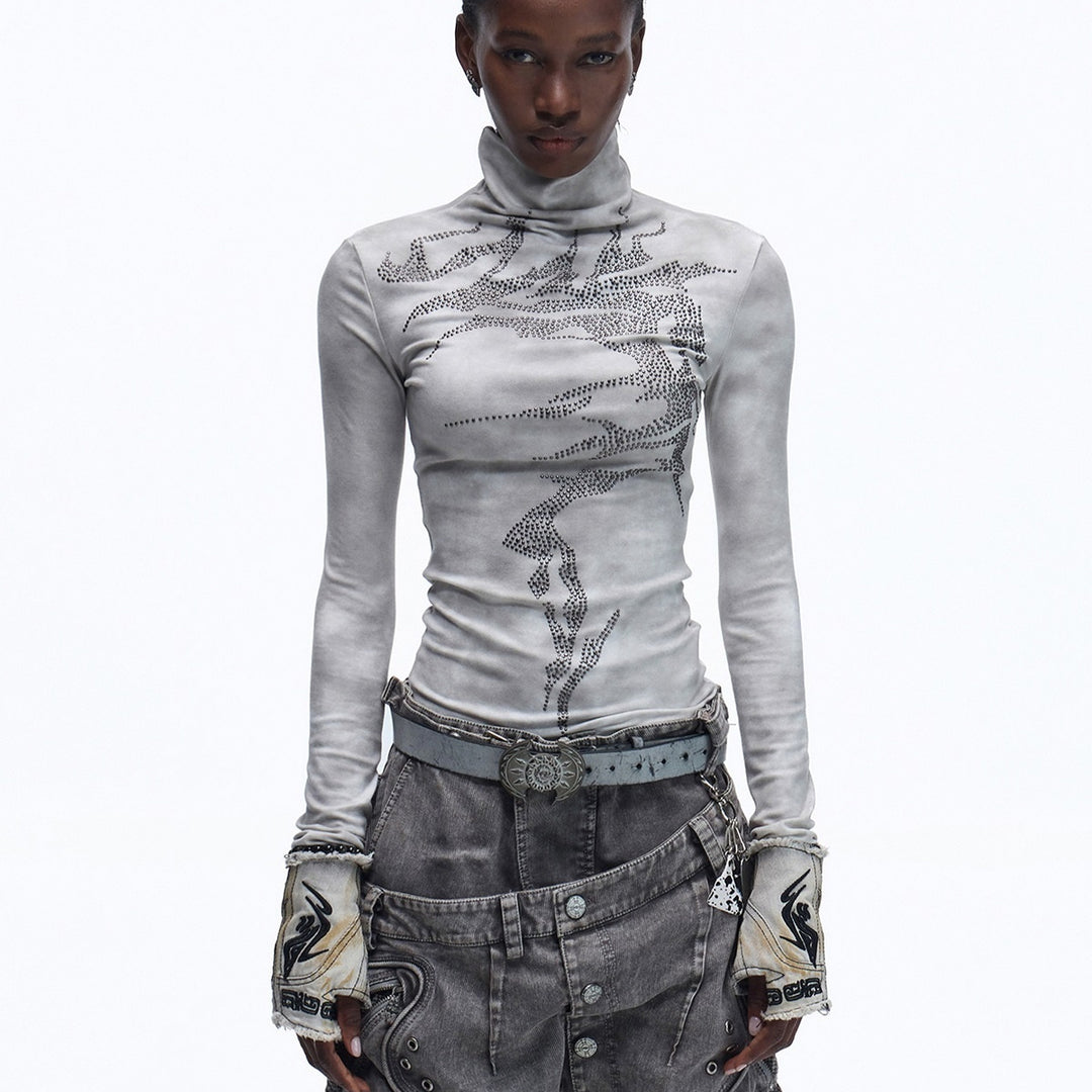 ShopBAM — Antique Silver Hot Drill High-Neck Long Sleeve Top