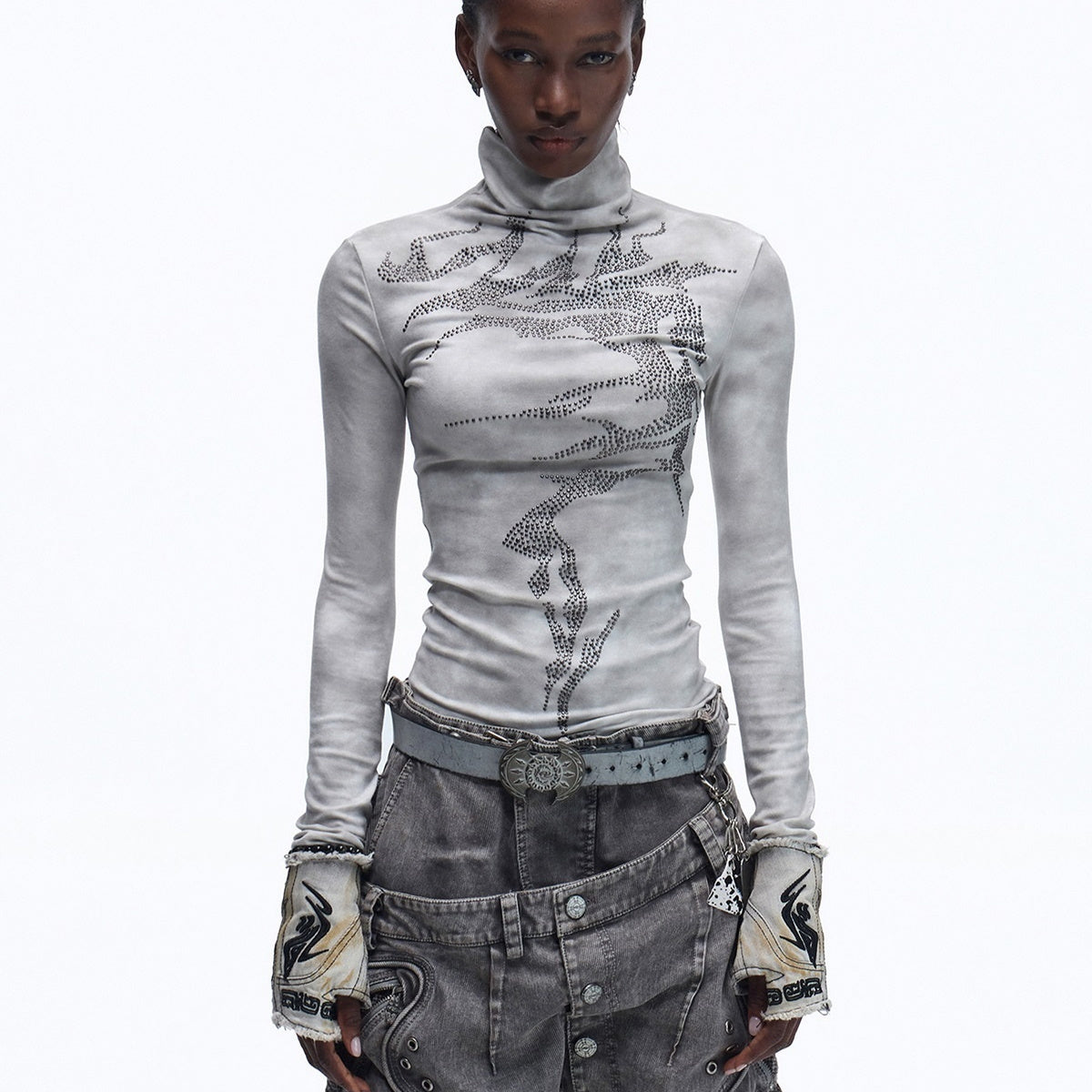 ShopBAM — Antique Silver Hot Drill High-Neck Long Sleeve Top