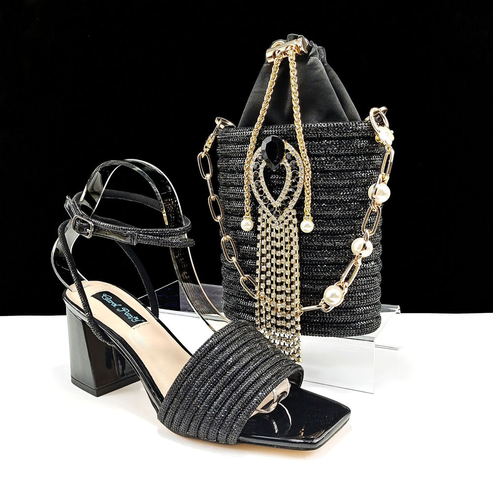 Women's Square Toe Chunky Heel High Heels with Matching Handbag Set