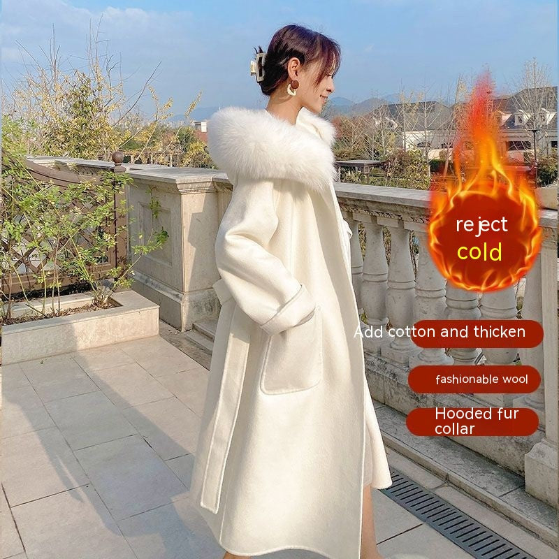 Thickened Woolen Coat Casual Hooded Lace-Up Fur Collar