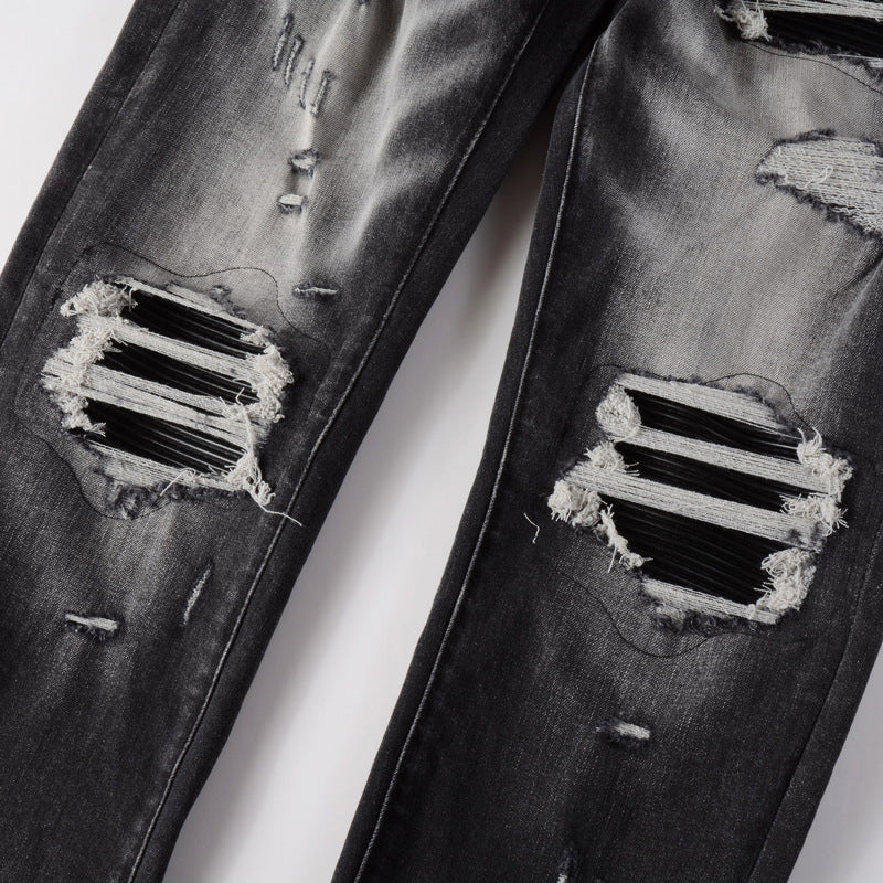 Retro Leather-Trim Ripped Denim — Black Grey