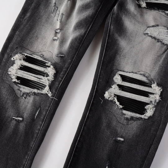 Retro Leather-Trim Ripped Denim — Black Grey