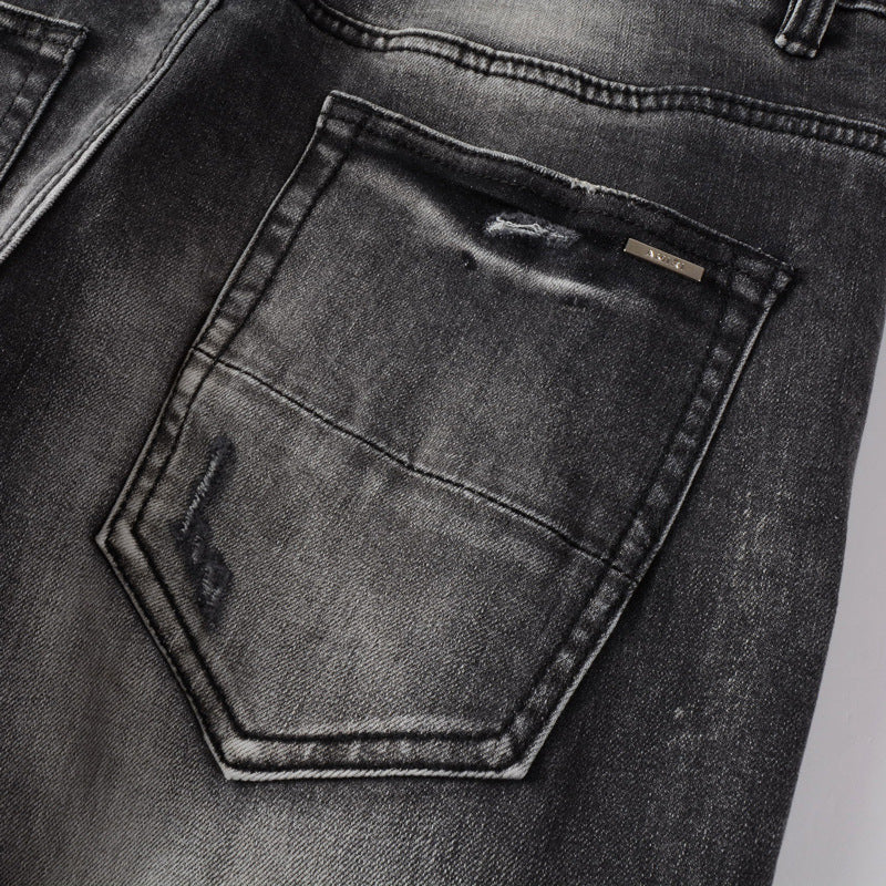 Retro Leather-Trim Ripped Denim — Black Grey