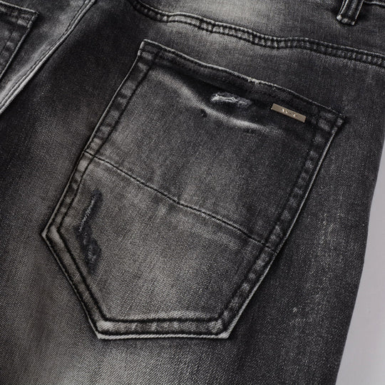 Retro Leather-Trim Ripped Denim — Black Grey