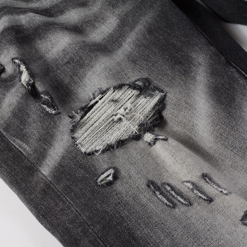 Retro Leather-Trim Ripped Denim — Black Grey