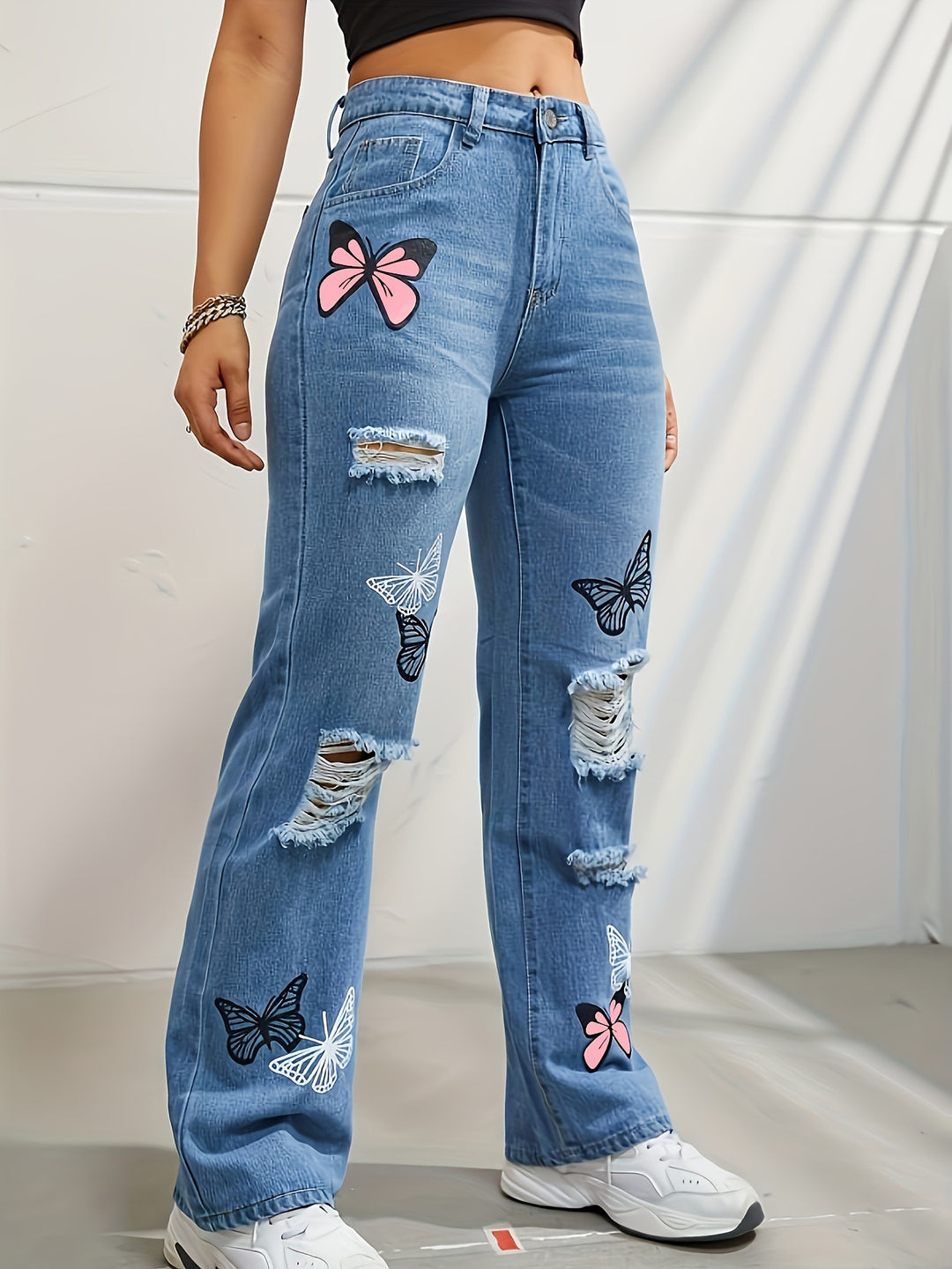 Butterfly Print High-Waist Straight Jeans — Women&