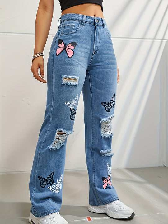 Butterfly Print High-Waist Straight Jeans — Women&