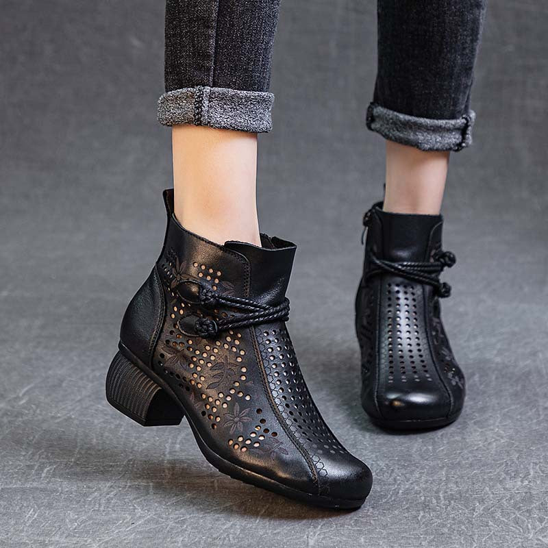 Hollow-Out Leather Retro Boots — Women&