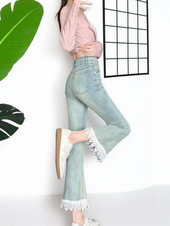 Elastic Lace Stitching Jeans — Women&