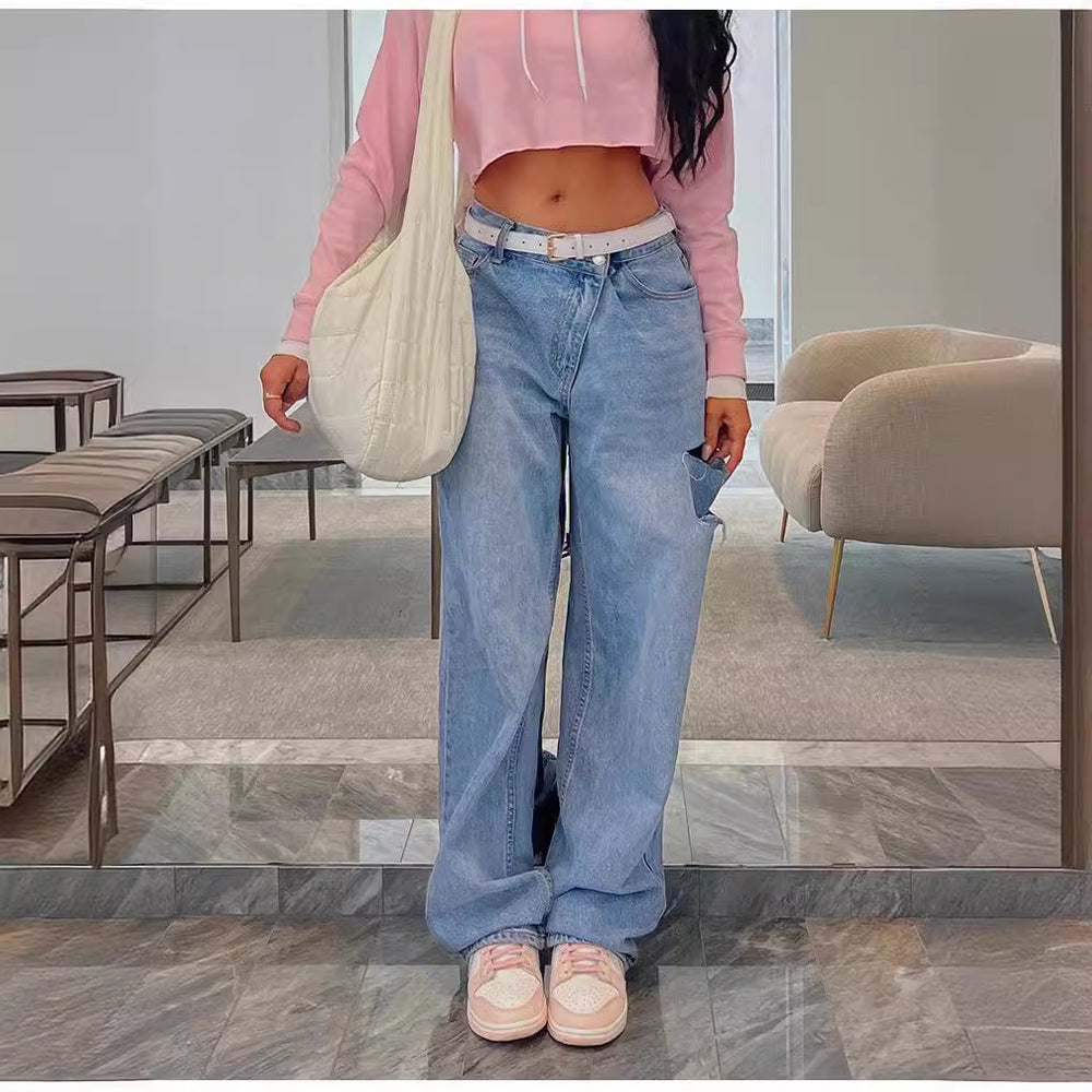 Asymmetric Low-Waist Distressed Jeans — Women's
