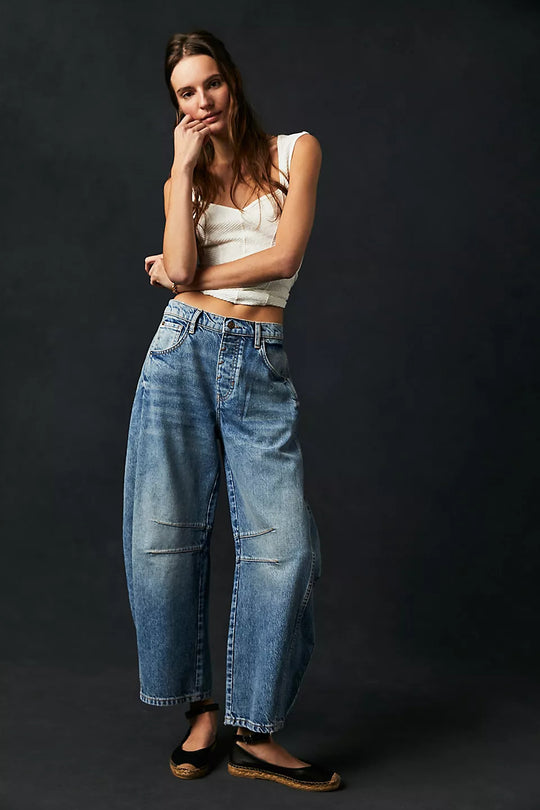 High-Stretch Mid-Rise Barrel Jeans — Women&