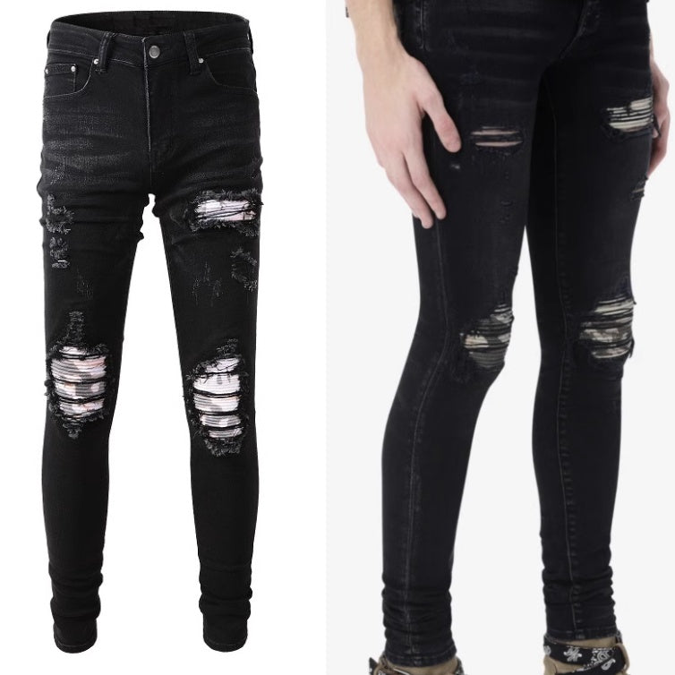 ShopBAM — Printed Pleated Patch Denim — Classic Blue