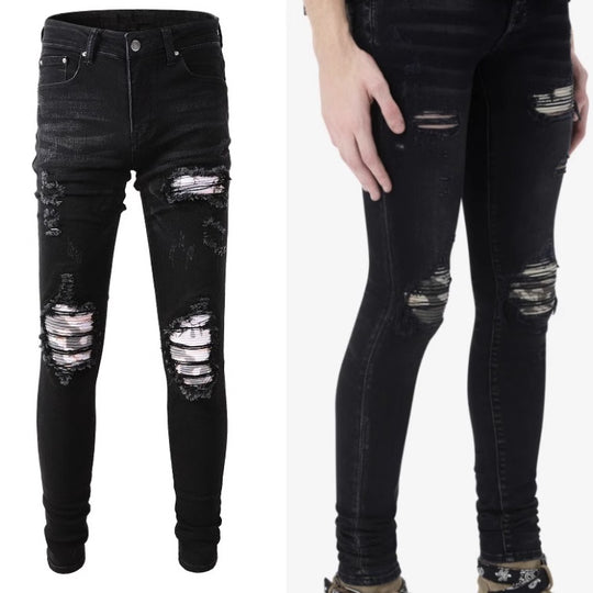 ShopBAM — Printed Pleated Patch Denim — Classic Blue