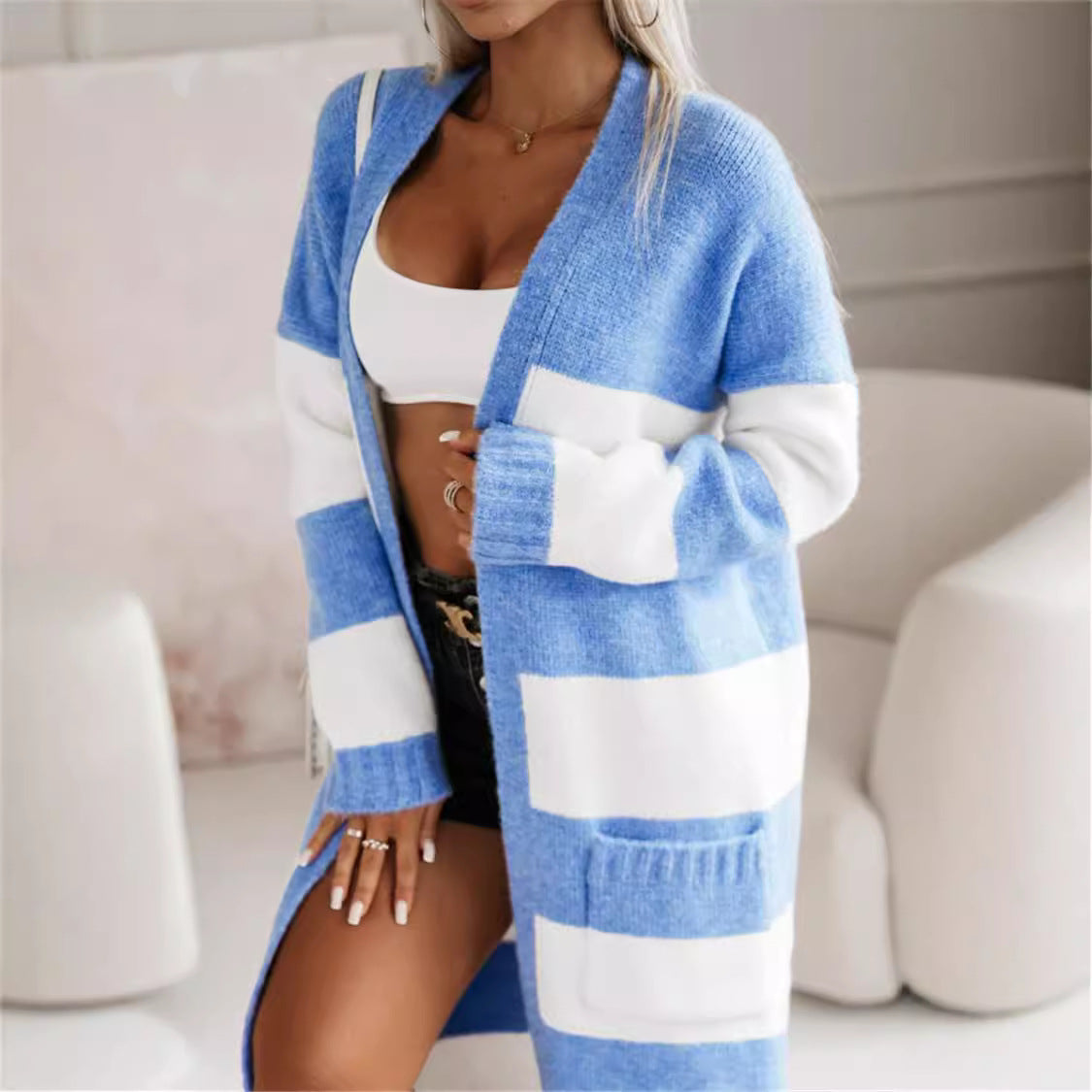 Loose Contrast Color Long Cardigan Sweater