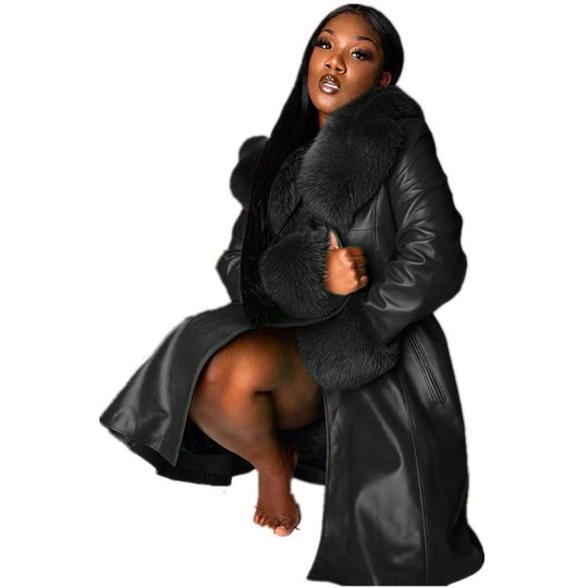 PU Leather Long Coat — Fur Collar, 6 Colours