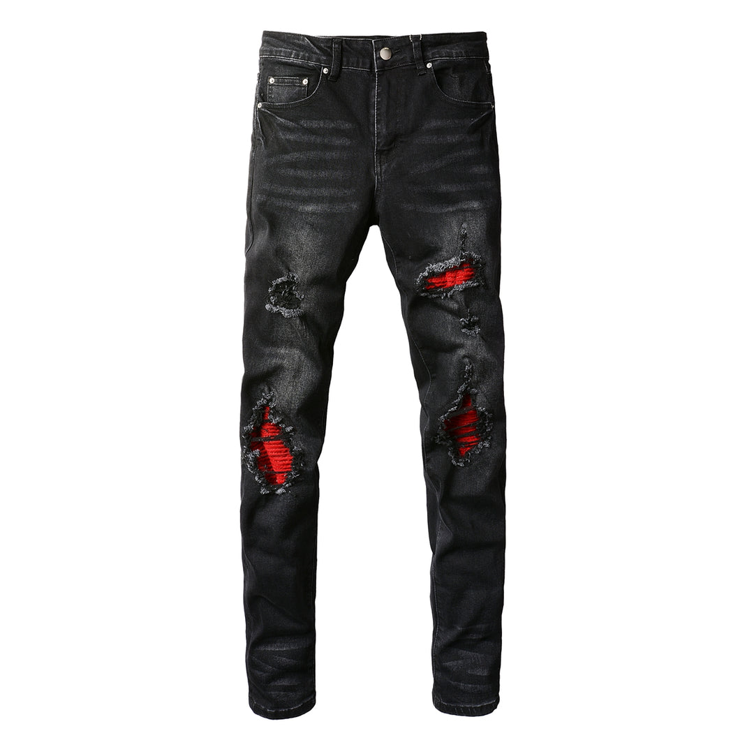 Fashion Red Patch Stretch Slim Denim — Distressed Blue