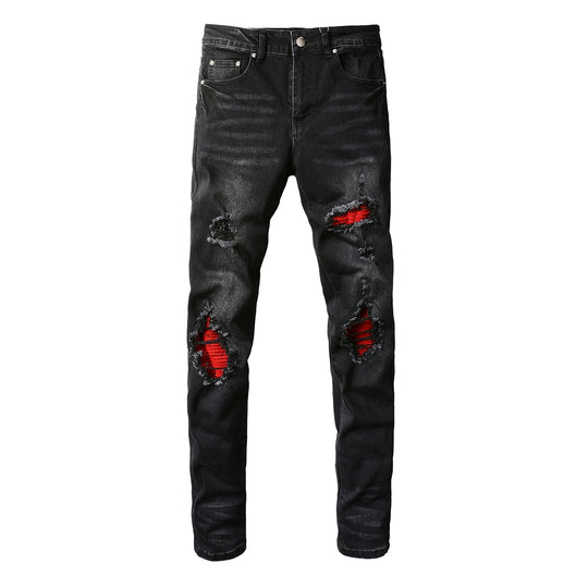 Fashion Red Patch Stretch Slim Denim — Distressed Blue