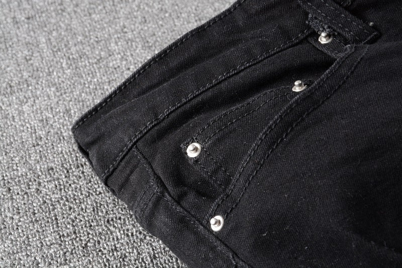 High Street Colorful Patch Distressed Slim Denim — Black