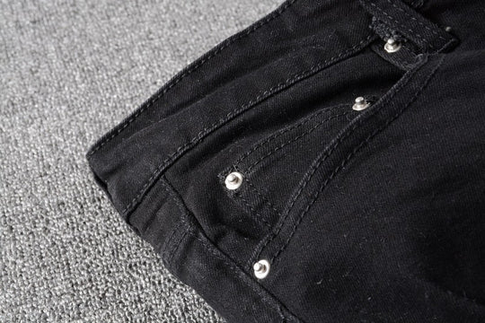 High Street Colorful Patch Distressed Slim Denim — Black