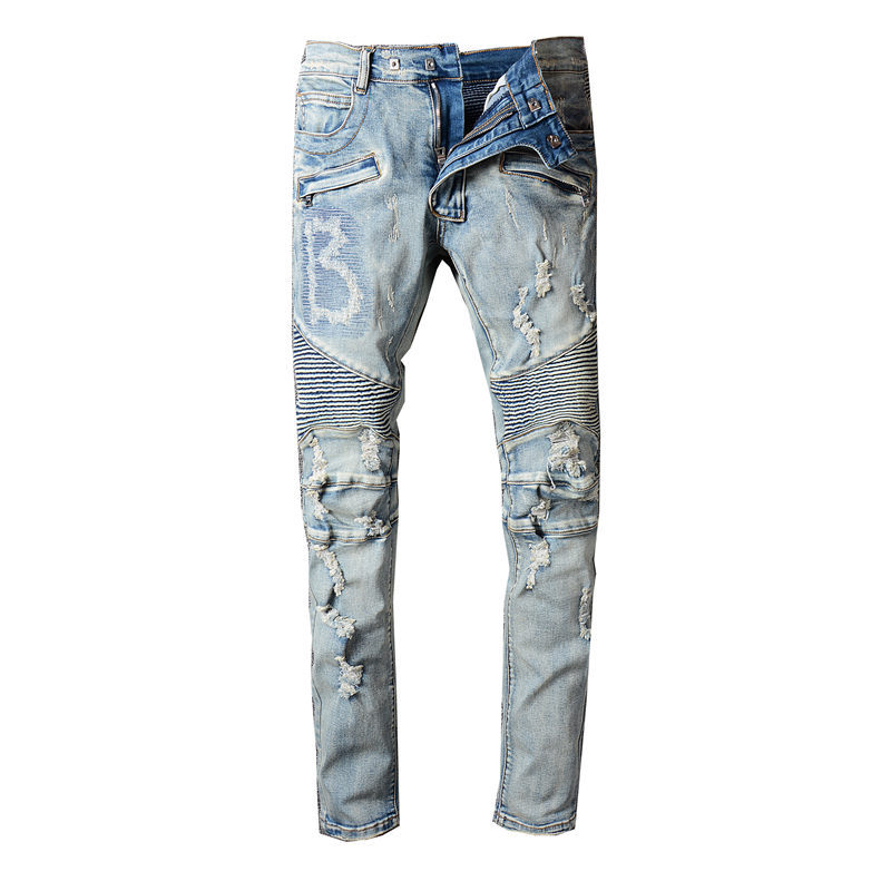 ShopBAM — Ripped Biker Denim with Pleated Details — Washed Blue