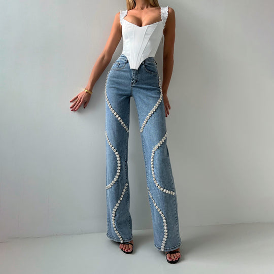 Rhinestone Embellished Straight Leg Jeans — Women&