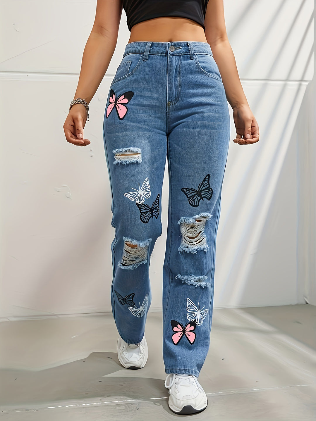 Butterfly Print High-Waist Straight Jeans — Women&