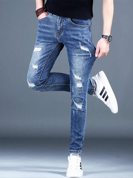 Fleece-Lined Ripped Stretch Denim — Winter Blue