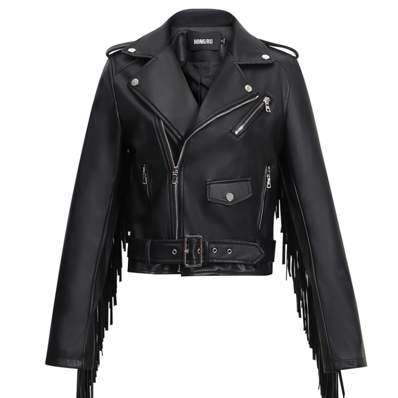 Tassel Slim PU Leather Motorcycle Jacket — Women's