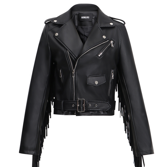 Tassel Slim PU Leather Motorcycle Jacket — Women&
