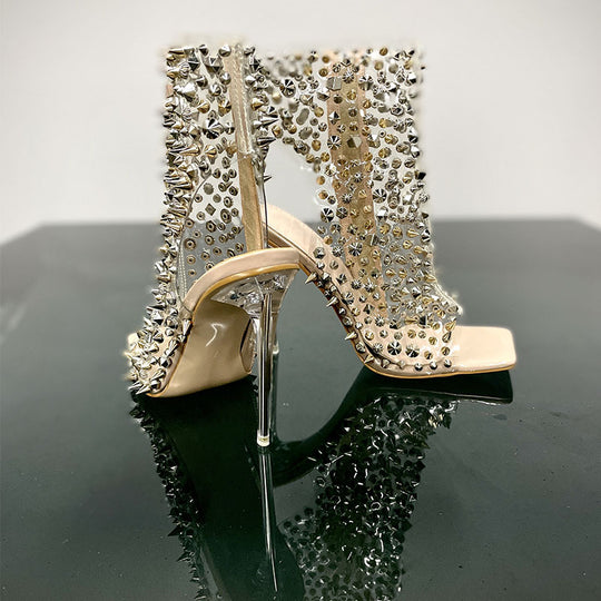 Rivet Transparent Stiletto Square Toe Sandals — Women&