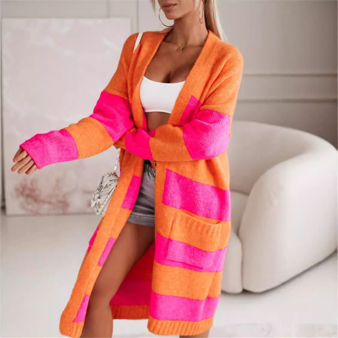 Loose Contrast Color Long Cardigan Sweater