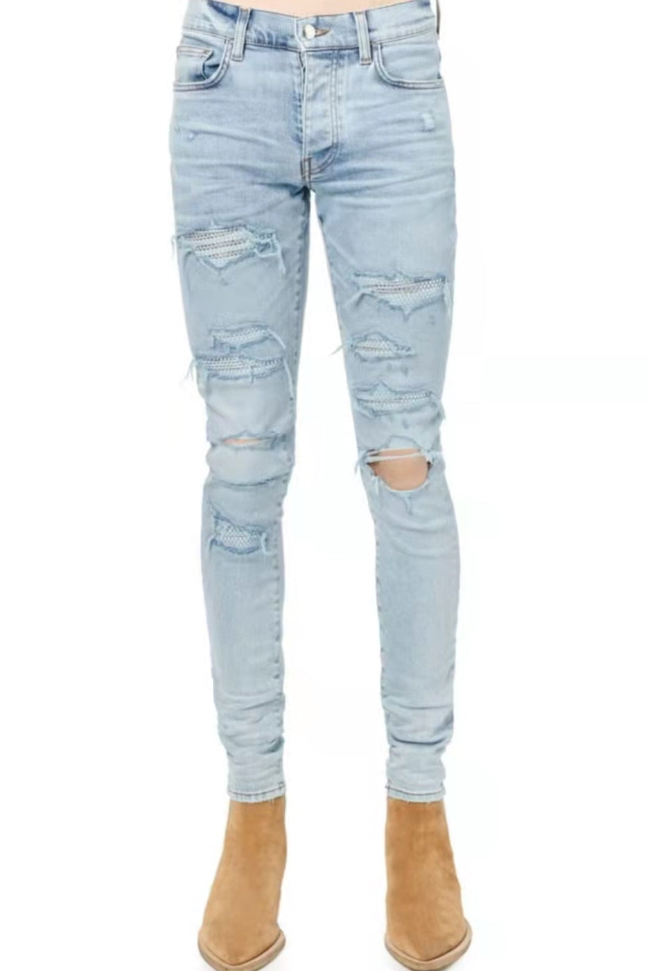 Diamond-Patch Ripped Stretch Skinny Denim — Light Blue