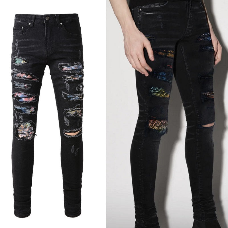 ShopBAM — Print-Patch Distressed Stretch Denim — Faded Blue