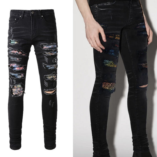 ShopBAM — Print-Patch Distressed Stretch Denim — Faded Blue