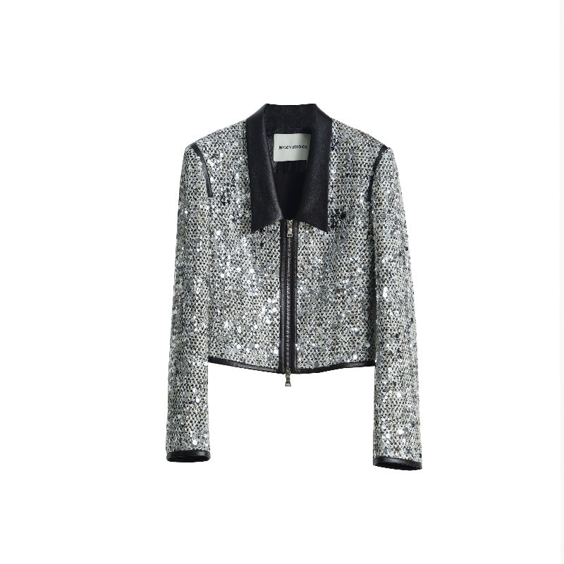 Sequined Short Coat — Low Collar, White