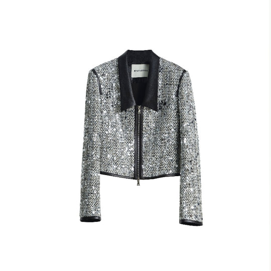 Sequined Short Coat — Low Collar, White