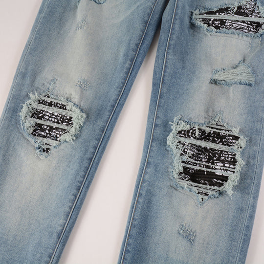 Cashew Flower Pattern Slim Denim — Classic Blue