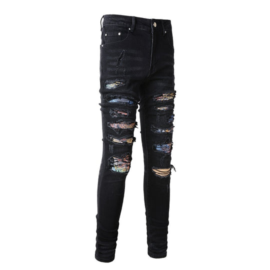 Print-Patch Distressed Stretch Denim — Faded Blue