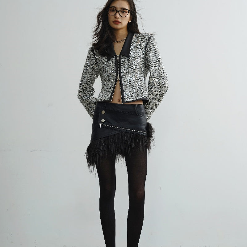 Sequined Short Coat — Low Collar, White