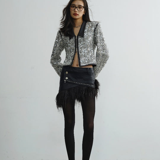 Sequined Short Coat — Low Collar, White